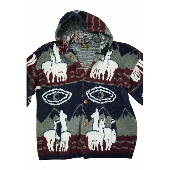 RUMINAHUI Men's Large Wool Vintage Alpaca Design Hooded Sweater Jacket Coat - Picture 1 of 5